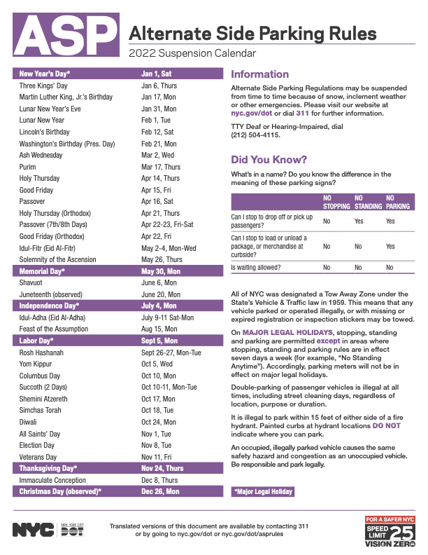 NYC Alternate Side Parking Rules and Calendar